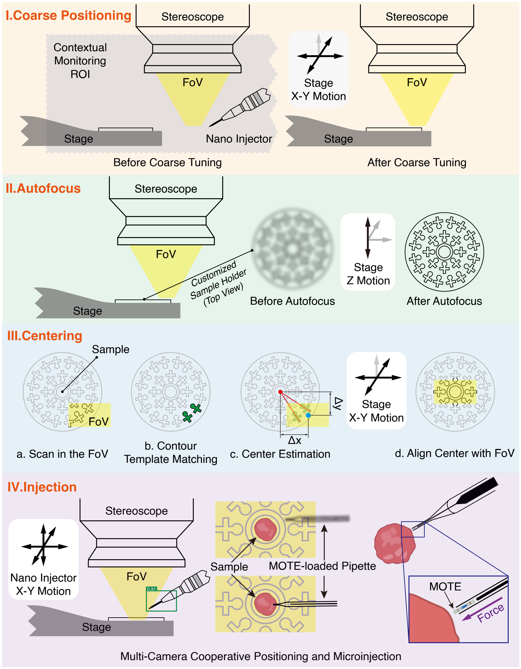 Four stages of the visual pipeline: coarse positioning, autofocus, centering and injection.